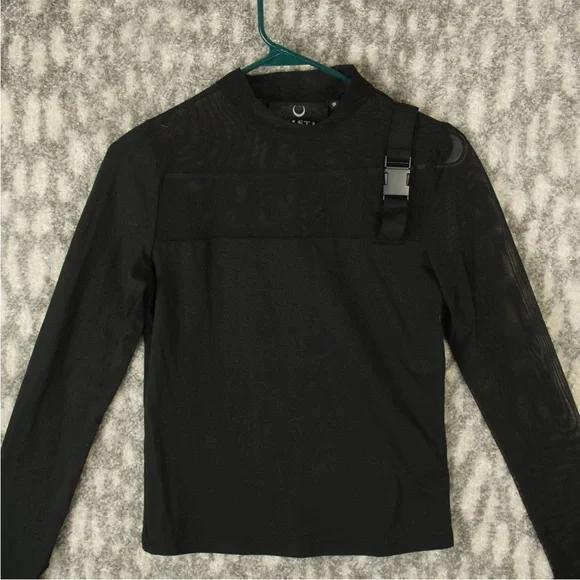 Killstar Half Mesh With Buckle Cross Left Shoulder Top Round Neck Womens S Black - Picture 3 of 13